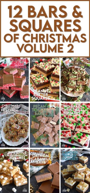 When it comes to baked holiday confections, any cookie in the form of a bar or square always seems to taste a little better than a round cookie. Mostly, this is attributed to the fact that bars and squares have layers or frosting, making the flavours more complex and delicious. 12 Bars and Squares of Christmas - Volume 2 is a collection with at least one for every taste or preference! #collection #nobake #christmas #holiday #squares #bars