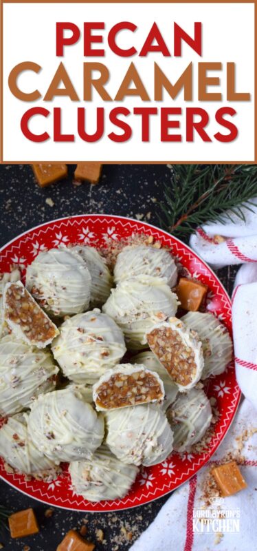 The combination of caramel candy, toasted pecans, and white chocolate make up these Pecan Caramel Clusters. They are a no-bake confection that requires just a few ingredients and hardly any skill at all! These clusters are rich and decadent - just as they should be at Christmastime! #caramel #pecan #kraft #chocolates #clusters #nobake