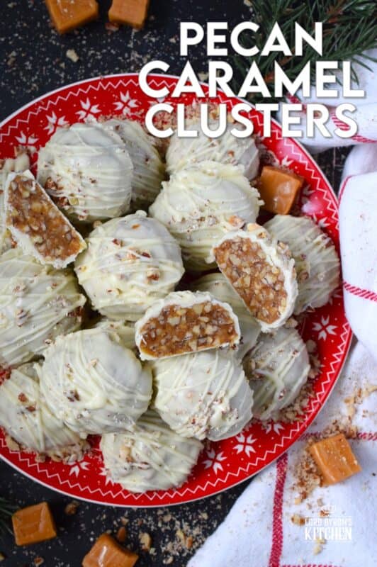 The combination of caramel candy, toasted pecans, and white chocolate make up these Pecan Caramel Clusters. They are a no-bake confection that requires just a few ingredients and hardly any skill at all! These clusters are rich and decadent - just as they should be at Christmastime! #caramel #pecan #kraft #chocolates #clusters #nobake