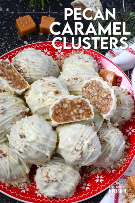 The combination of caramel candy, toasted pecans, and white chocolate make up these Pecan Caramel Clusters. They are a no-bake confection that requires just a few ingredients and hardly any skill at all! These clusters are rich and decadent - just as they should be at Christmastime! #caramel #pecan #kraft #chocolates #clusters #nobake