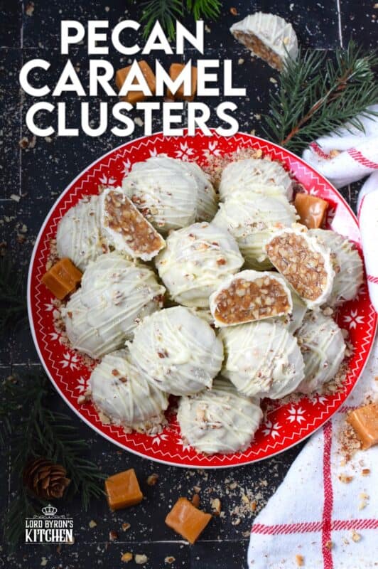 The combination of caramel candy, toasted pecans, and white chocolate make up these Pecan Caramel Clusters. They are a no-bake confection that requires just a few ingredients and hardly any skill at all! These clusters are rich and decadent - just as they should be at Christmastime! #caramel #pecan #kraft #chocolates #clusters #nobake