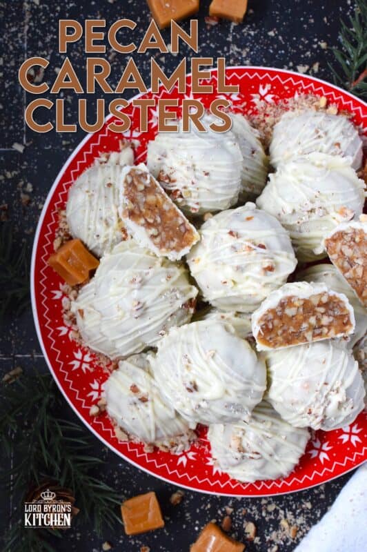 The combination of caramel candy, toasted pecans, and white chocolate make up these Pecan Caramel Clusters. They are a no-bake confection that requires just a few ingredients and hardly any skill at all! These clusters are rich and decadent - just as they should be at Christmastime! #caramel #pecan #kraft #chocolates #clusters #nobake