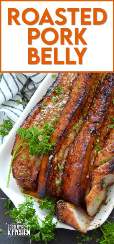 Roasted in a very hot oven, the thick skin on a slice of pork belly will develop a similar crispy and crunchy texture to that of chicharrones. Marinated and flavoured with simple seasonings and sauces found in most kitchens, this Roasted Pork Belly is baked until moist and tender, making this main easy to prepare and a delight to eat! #porkbelly #chicharrones #pork 