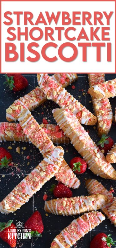 These biscotti are loaded with homemade strawberry shortcake crumbs and topped with a simple sugary glaze. Strawberry Shortcake Biscotti are light, airy, and delicious! Super easy to make, and with their cheerful inclination, no one could resist! Treat yourself to one of these with a hot tea on a lazy Sunday afternoon. #strawberry #shortcake #crumbs #cookies #biscotti #valentine