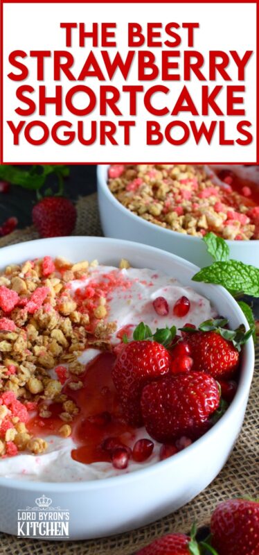 Strawberry shortcake crumbs are stirred into Greek yogurt and then topped with fresh strawberries, more shortcake crumbs, a drizzle of homemade quick and easy strawberry syrup, and a little granola for added crunch and flavour. Strawberry Shortcake Yogurt Bowls make a great summer Sunday brunch menu option! #strawberry #shortcake #crumbs #yogurt #bowls #brunch #summer