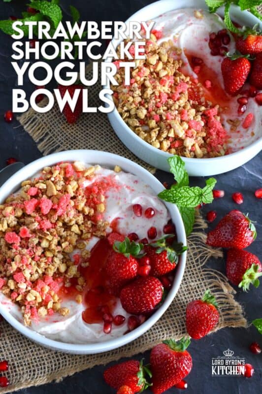 Strawberry shortcake crumbs are stirred into Greek yogurt and then topped with fresh strawberries, more shortcake crumbs, a drizzle of homemade quick and easy strawberry syrup, and a little granola for added crunch and flavour. Strawberry Shortcake Yogurt Bowls make a great summer Sunday brunch menu option! #strawberry #shortcake #crumbs #yogurt #bowls #brunch #summer