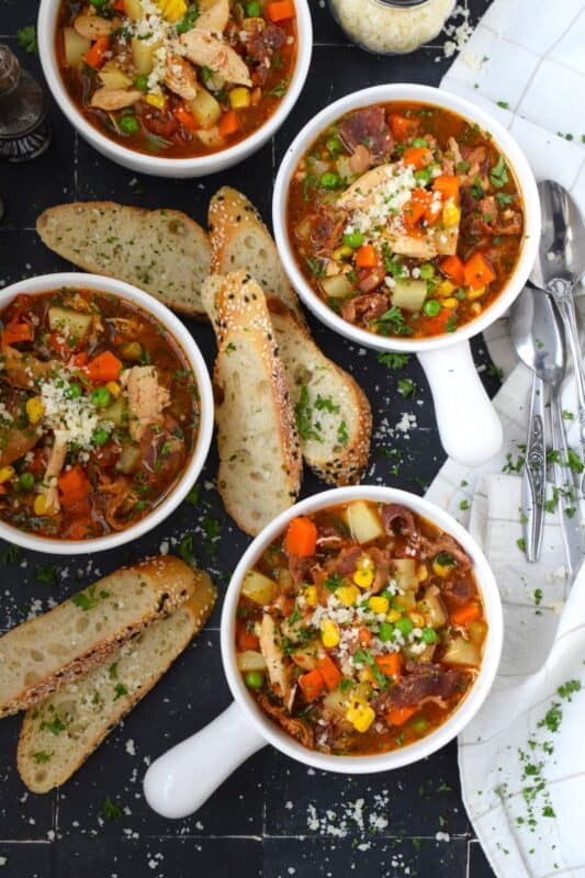 The bleak gloom that comes with February can be pushed to one side - at least temporarily! - with a hearty, filling, meaty soup. I'm talking about this Chicken and Bacon Soup! It's so comforting and cozy and will certainly help to eliminate those winter chills and blues! #soup #chicken #bacon #meaty #hearty
