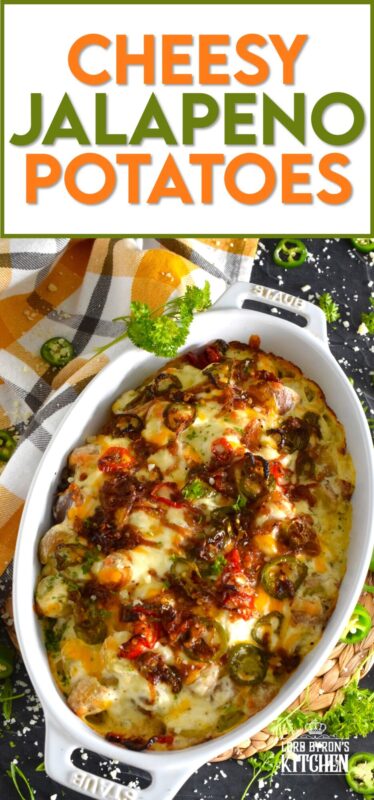 Cheesy Jalapeno Potatoes just might be my new obsession! Baby potatoes are tossed with seasonings, sour cream, and cheese and then transferred to a baking dish. Topped with caramelized onion and jalapenos, the potatoes are baked until browned and bubbly. These are simply amazing! #potatoes #cheesy #jalapenos #sourcream #bubbly #side