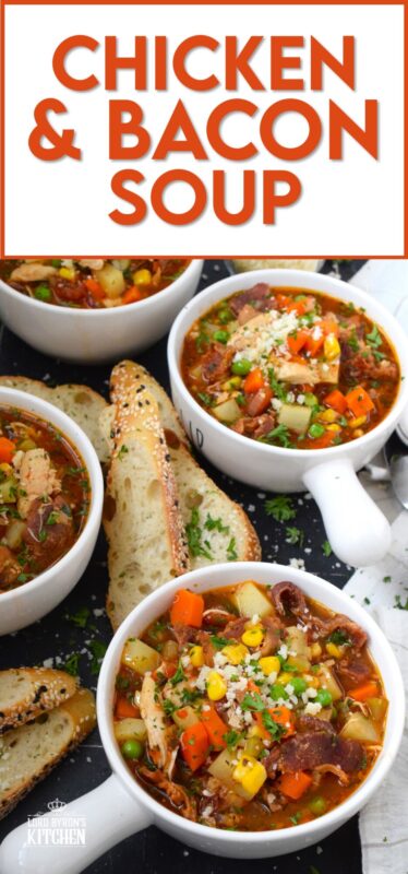 The bleak gloom that comes with February can be pushed to one side - at least temporarily! - with a hearty, filling, meaty soup. I'm talking about this Chicken and Bacon Soup! It's so comforting and cozy and will certainly help to eliminate those winter chills and blues! #soup #chicken #bacon #meaty #hearty