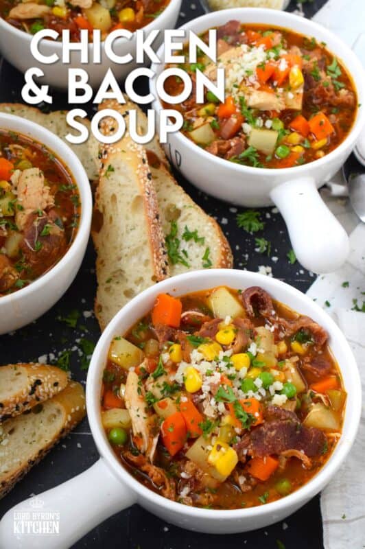The bleak gloom that comes with February can be pushed to one side - at least temporarily! - with a hearty, filling, meaty soup. I'm talking about this Chicken and Bacon Soup! It's so comforting and cozy and will certainly help to eliminate those winter chills and blues! #soup #chicken #bacon #meaty #hearty