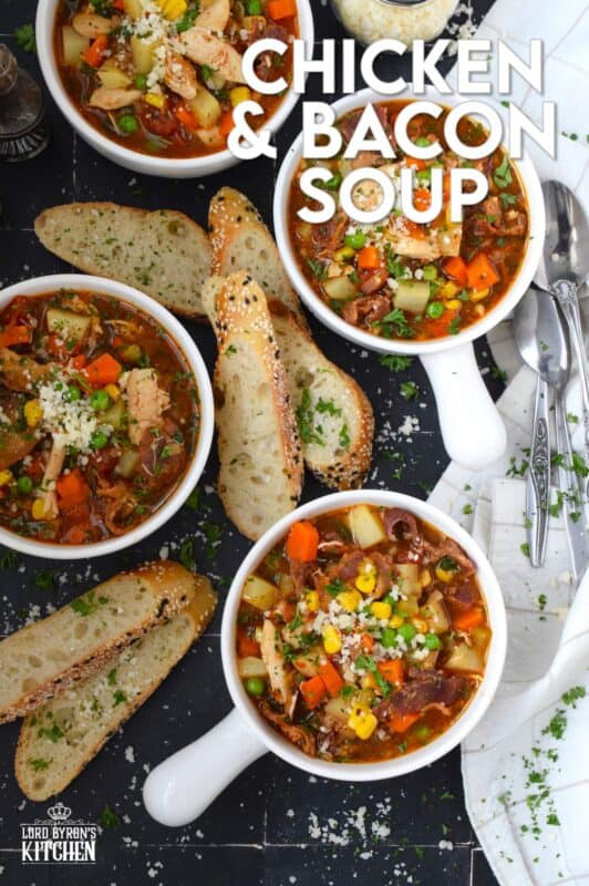 The bleak gloom that comes with February can be pushed to one side - at least temporarily! - with a hearty, filling, meaty soup. I'm talking about this Chicken and Bacon Soup! It's so comforting and cozy and will certainly help to eliminate those winter chills and blues! #soup #chicken #bacon #meaty #hearty