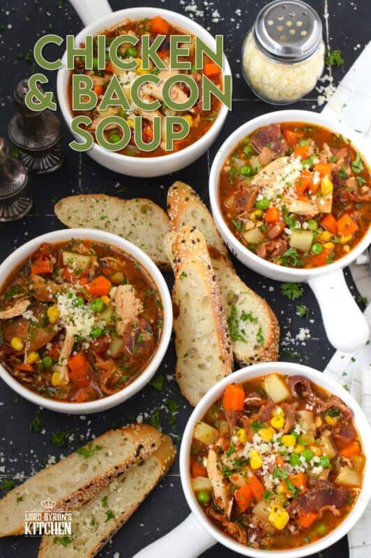 The bleak gloom that comes with February can be pushed to one side - at least temporarily! - with a hearty, filling, meaty soup. I'm talking about this Chicken and Bacon Soup! It's so comforting and cozy and will certainly help to eliminate those winter chills and blues! #soup #chicken #bacon #meaty #hearty