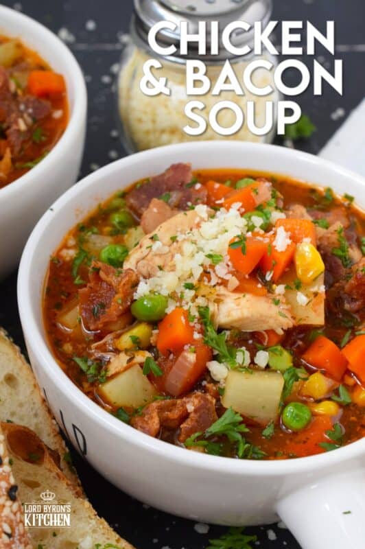 The bleak gloom that comes with February can be pushed to one side - at least temporarily! - with a hearty, filling, meaty soup. I'm talking about this Chicken and Bacon Soup! It's so comforting and cozy and will certainly help to eliminate those winter chills and blues! #soup #chicken #bacon #meaty #hearty