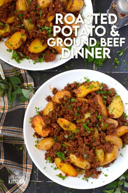 Perfectly seasoned and cooked ground beef is coupled with roasted baby potatoes. This simple meat and potatoes dinner can be on the table in about 30 minutes or less! Prepared with tomato paste and aromatics like garlic and onion, Roasted Potatoes and Ground Beef Dinner is an easy and delicious weeknight supper! #roastedpotatoes #groundbeef #dinner #meatandpotatoes