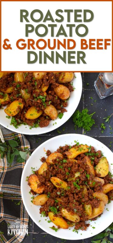 Perfectly seasoned and cooked ground beef is coupled with roasted baby potatoes. This simple meat and potatoes dinner can be on the table in about 30 minutes or less! Prepared with tomato paste and aromatics like garlic and onion, Roasted Potatoes and Ground Beef Dinner is an easy and delicious weeknight supper! #roastedpotatoes #groundbeef #dinner #meatandpotatoes