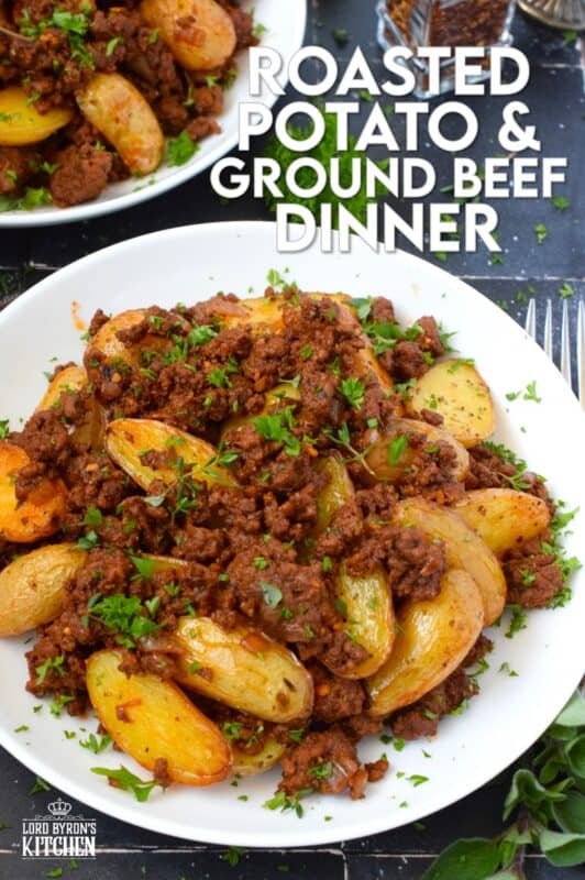 Perfectly seasoned and cooked ground beef is coupled with roasted baby potatoes. This simple meat and potatoes dinner can be on the table in about 30 minutes or less! Prepared with tomato paste and aromatics like garlic and onion, Roasted Potatoes and Ground Beef Dinner is an easy and delicious weeknight supper! #roastedpotatoes #groundbeef #dinner #meatandpotatoes