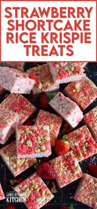 Strawberry Shortcake Rice Krispie Treats are loaded with those nostalgic pink and white cookie crumbs we all love! This no-bake confection is a favourite among kids both young and old, and they are easy to prepare and fun to eat too. These treats can also be prepared with vegan marshmallows if you have any dietary restrictions. #strawberry #shortcake #crumbs #ricekrispie #treats #squares #valentine #pink