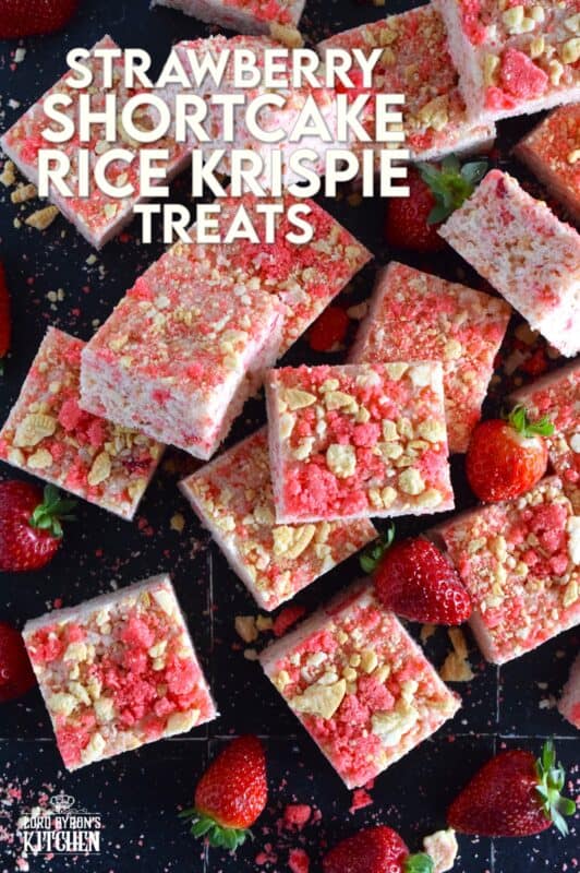Strawberry Shortcake Rice Krispie Treats are loaded with those nostalgic pink and white cookie crumbs we all love! This no-bake confection is a favourite among kids both young and old, and they are easy to prepare and fun to eat too. These treats can also be prepared with vegan marshmallows if you have any dietary restrictions. #strawberry #shortcake #crumbs #ricekrispie #treats #squares #valentine #pink