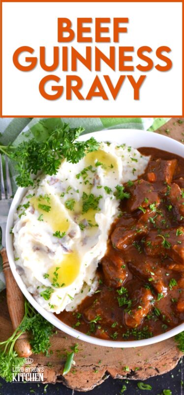 Loaded with chuck beef roast and slow-cooked with carrots, onion, and celery, this Beef Guinness Gravy is almost a complete meal on its own! Looking for a delicious, hearty meal that's easy to prepare? Serve this savoury, beer-infused gravy with your favourite mashed buttery potatoes! #guinness #gravy #beef #beer