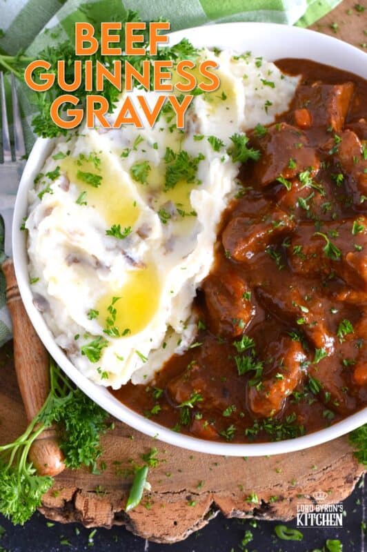 Loaded with chuck beef roast and slow-cooked with carrots, onion, and celery, this Beef Guinness Gravy is almost a complete meal on its own! Looking for a delicious, hearty meal that's easy to prepare? Serve this savoury, beer-infused gravy with your favourite mashed buttery potatoes! #guinness #gravy #beef #beer