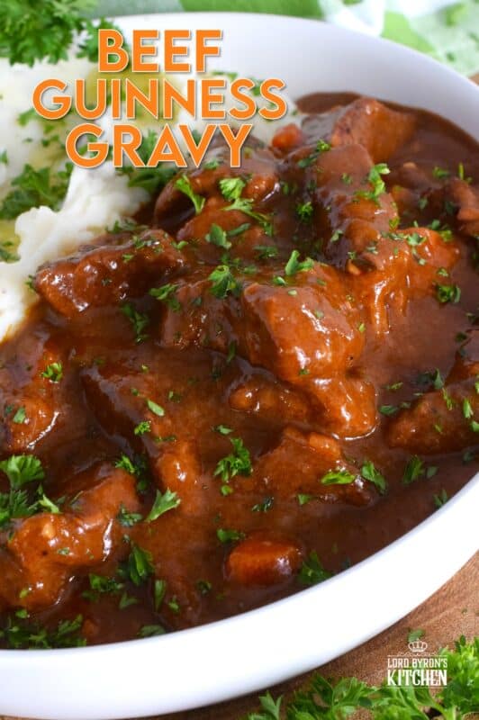 Loaded with chuck beef roast and slow-cooked with carrots, onion, and celery, this Beef Guinness Gravy is almost a complete meal on its own! Looking for a delicious, hearty meal that's easy to prepare? Serve this savoury, beer-infused gravy with your favourite mashed buttery potatoes! #guinness #gravy #beef #beer