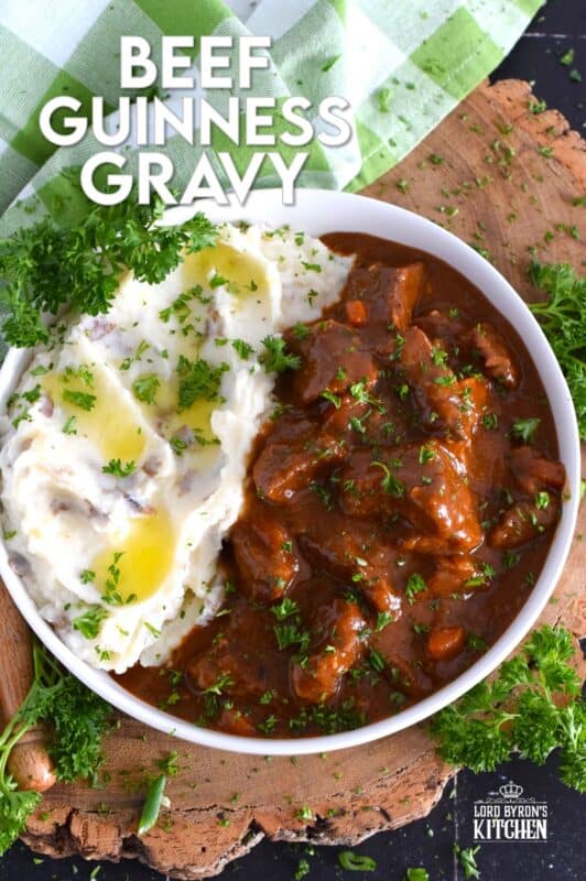 Loaded with chuck beef roast and slow-cooked with carrots, onion, and celery, this Beef Guinness Gravy is almost a complete meal on its own! Looking for a delicious, hearty meal that's easy to prepare? Serve this savoury, beer-infused gravy with your favourite mashed buttery potatoes! #guinness #gravy #beef #beer