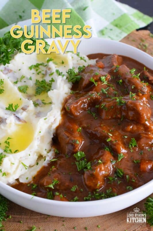 Loaded with chuck beef roast and slow-cooked with carrots, onion, and celery, this Beef Guinness Gravy is almost a complete meal on its own! Looking for a delicious, hearty meal that's easy to prepare? Serve this savoury, beer-infused gravy with your favourite mashed buttery potatoes! #guinness #gravy #beef #beer