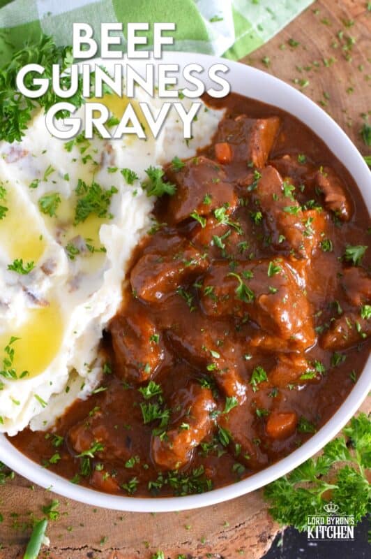 Loaded with chuck beef roast and slow-cooked with carrots, onion, and celery, this Beef Guinness Gravy is almost a complete meal on its own! Looking for a delicious, hearty meal that's easy to prepare? Serve this savoury, beer-infused gravy with your favourite mashed buttery potatoes! #guinness #gravy #beef #beer