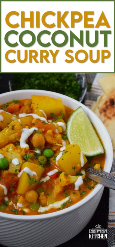 Chickpea Coconut Curry Soup is everything but bland; prepared with lots of vegetables, warming spices, and a fresh burst of lime juice, this soup is also vegetarian and vegan-friendly too! Serve with naan bread for a well-balanced, hearty meal! #curry #coconut #soup #stew #vegan