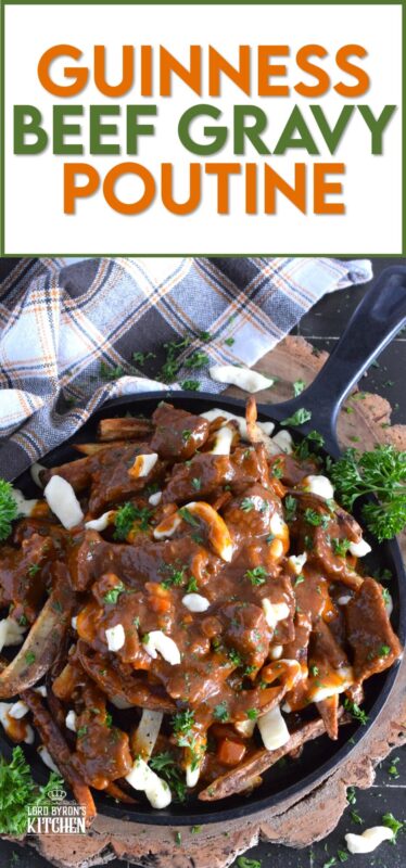 Crispy, homemade fries, top with squeaky cheese curds, and smothered in a delicious beef gravy made with guinness beer, this Irish-inspired poutine adds a St. Patrick's Day twist to a popular Canadian dish that everyone loves to dig into! #stpatricksday #irish #poutine #beef #beer #guinness #stout #gravy
