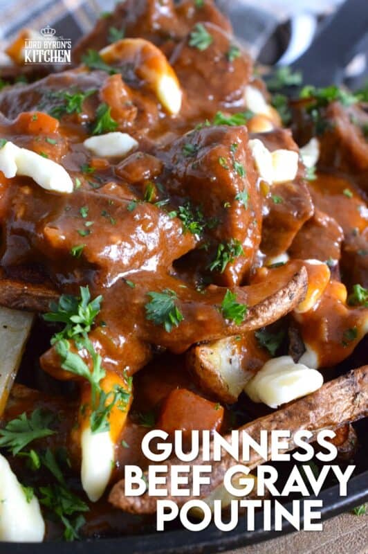 Crispy, homemade fries, top with squeaky cheese curds, and smothered in a delicious beef gravy made with guinness beer, this Irish-inspired poutine adds a St. Patrick's Day twist to a popular Canadian dish that everyone loves to dig into! #stpatricksday #irish #poutine #beef #beer #guinness #stout #gravy