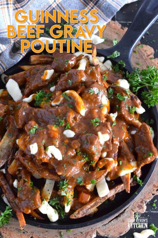 Crispy, homemade fries, top with squeaky cheese curds, and smothered in a delicious beef gravy made with guinness beer, this Irish-inspired poutine adds a St. Patrick's Day twist to a popular Canadian dish that everyone loves to dig into! #stpatricksday #irish #poutine #beef #beer #guinness #stout #gravy