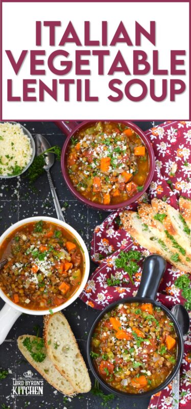 Italian Vegetable Lentil Soup is in fact more like a stew than a soup! It has a homestyle tomato flavour combined with the heartiness of tender, cooked lentils, and is paired with lots of fresh and good-for-you vegetables too. Top with grated parmesan and serve with crusty bread! #lentils #vegetable #soup #italian #parmesan