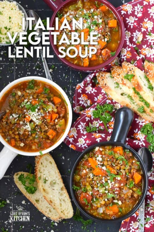 Italian Vegetable Lentil Soup is in fact more like a stew than a soup! It has a homestyle tomato flavour combined with the heartiness of tender, cooked lentils, and is paired with lots of fresh and good-for-you vegetables too. Top with grated parmesan and serve with crusty bread! #lentils #vegetable #soup #italian #parmesan