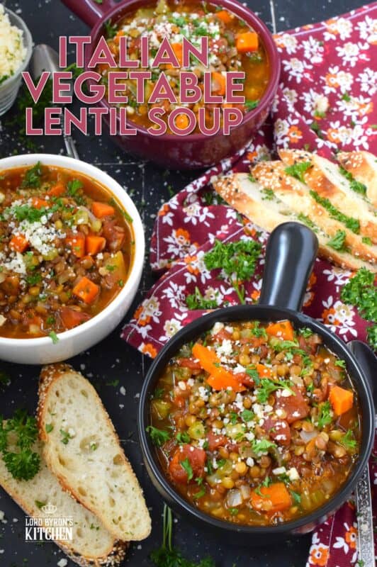 Italian Vegetable Lentil Soup is in fact more like a stew than a soup! It has a homestyle tomato flavour combined with the heartiness of tender, cooked lentils, and is paired with lots of fresh and good-for-you vegetables too. Top with grated parmesan and serve with crusty bread! #lentils #vegetable #soup #italian #parmesan