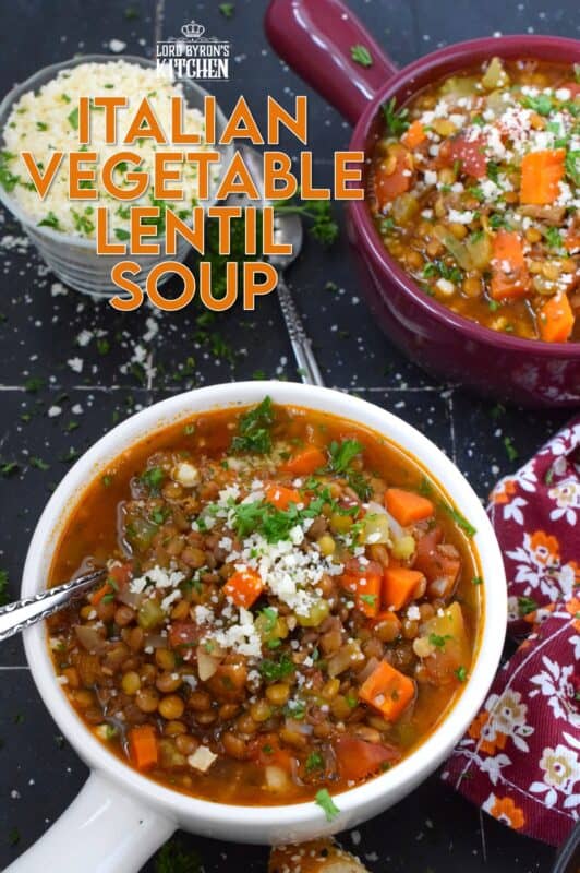 Italian Vegetable Lentil Soup is in fact more like a stew than a soup! It has a homestyle tomato flavour combined with the heartiness of tender, cooked lentils, and is paired with lots of fresh and good-for-you vegetables too. Top with grated parmesan and serve with crusty bread! #lentils #vegetable #soup #italian #parmesan