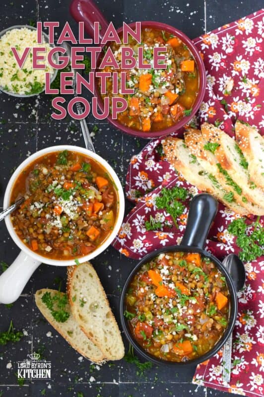 Italian Vegetable Lentil Soup is in fact more like a stew than a soup! It has a homestyle tomato flavour combined with the heartiness of tender, cooked lentils, and is paired with lots of fresh and good-for-you vegetables too. Top with grated parmesan and serve with crusty bread! #lentils #vegetable #soup #italian #parmesan