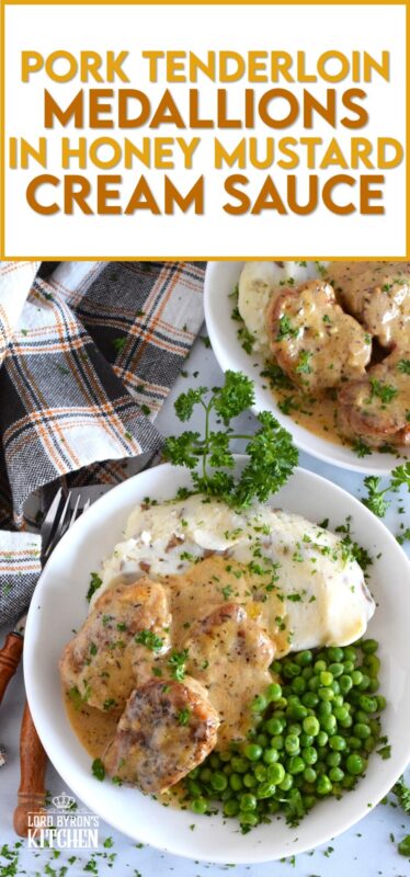 A weeknight family favourite to be sure, these Pork Tenderloin Medallions in Honey Mustard Cream Sauce are quick and easy to prepare, but more importantly, they are delicious! Seared and simmered in a savoury, herby, warming sauce, you can be sure the pork is browned on the outside yet moist and tender on the inside! #pork #tenderloin #honeymustard #sauce #creamy #family #dinner