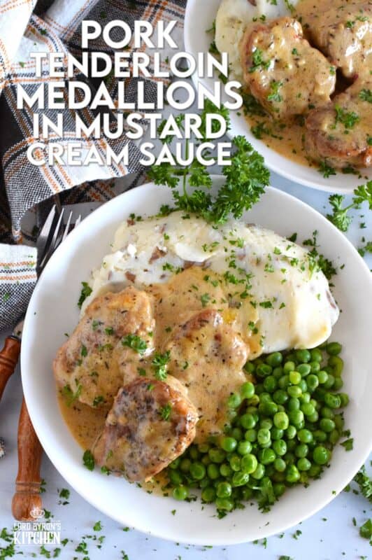 A weeknight family favourite to be sure, these Pork Tenderloin Medallions in Honey Mustard Cream Sauce are quick and easy to prepare, but more importantly, they are delicious! Seared and simmered in a savoury, herby, warming sauce, you can be sure the pork is browned on the outside yet moist and tender on the inside! #pork #tenderloin #honeymustard #sauce #creamy #family #dinner