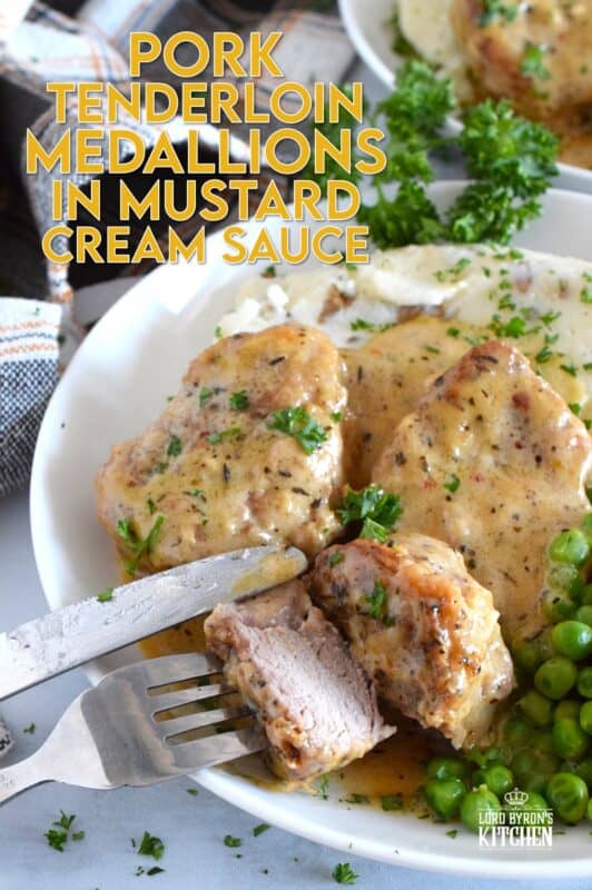 A weeknight family favourite to be sure, these Pork Tenderloin Medallions in Honey Mustard Cream Sauce are quick and easy to prepare, but more importantly, they are delicious! Seared and simmered in a savoury, herby, warming sauce, you can be sure the pork is browned on the outside yet moist and tender on the inside! #pork #tenderloin #honeymustard #sauce #creamy #family #dinner