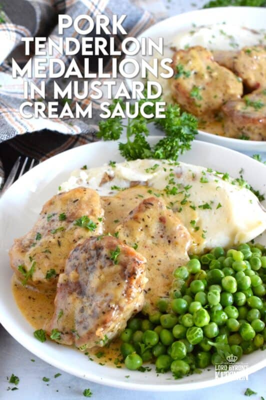 A weeknight family favourite to be sure, these Pork Tenderloin Medallions in Honey Mustard Cream Sauce are quick and easy to prepare, but more importantly, they are delicious! Seared and simmered in a savoury, herby, warming sauce, you can be sure the pork is browned on the outside yet moist and tender on the inside! #pork #tenderloin #honeymustard #sauce #creamy #family #dinner