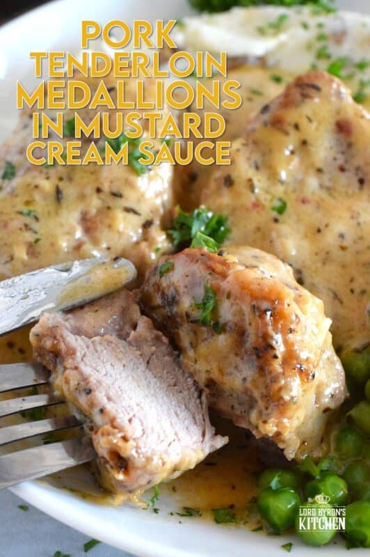 A weeknight family favourite to be sure, these Pork Tenderloin Medallions in Honey Mustard Cream Sauce are quick and easy to prepare, but more importantly, they are delicious! Seared and simmered in a savoury, herby, warming sauce, you can be sure the pork is browned on the outside yet moist and tender on the inside! #pork #tenderloin #honeymustard #sauce #creamy #family #dinner
