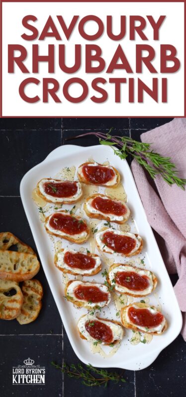 Spread with sweetened whipped cream cheese and topped with a homemade compote, this Savoury Rhubarb Crostini makes a lovely breakfast or brunch as well as a deliciously mouth-watering appetizer. Drizzle with honey and a sprinkling of fresh herbs for best results! #rhubarb #crostini #compote #appetizer