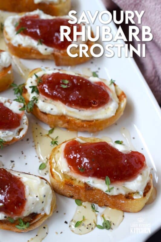 Spread with sweetened whipped cream cheese and topped with a homemade compote, this Savoury Rhubarb Crostini makes a lovely breakfast or brunch as well as a deliciously mouth-watering appetizer. Drizzle with honey and a sprinkling of fresh herbs for best results! #rhubarb #crostini #compote #appetizer