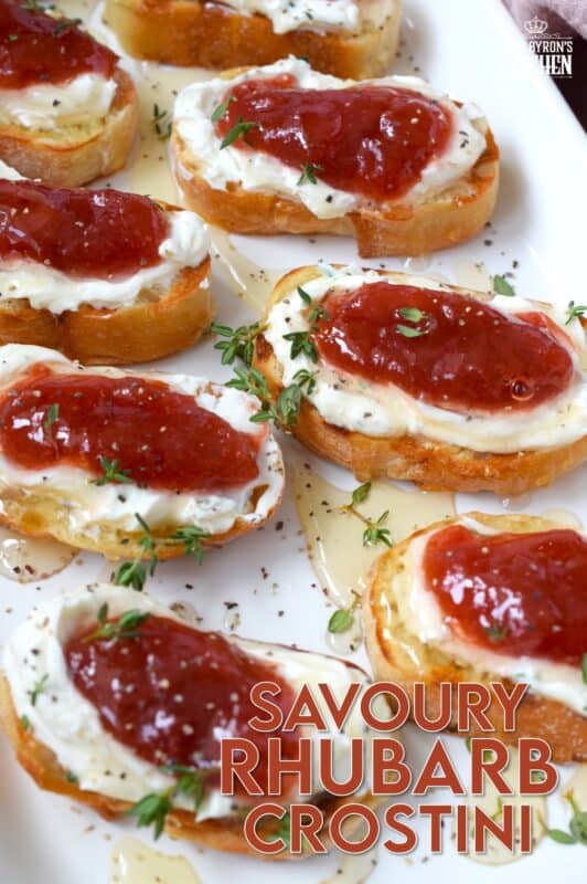 Spread with sweetened whipped cream cheese and topped with a homemade compote, this Savoury Rhubarb Crostini makes a lovely breakfast or brunch as well as a deliciously mouth-watering appetizer. Drizzle with honey and a sprinkling of fresh herbs for best results! #rhubarb #crostini #compote #appetizer