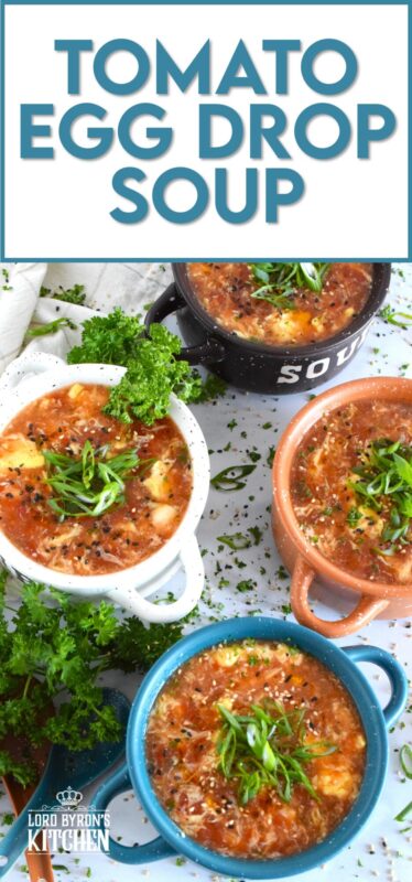 This quick and easy savoury Tomato Egg Drop Soup is prepared from start to finish in about 20 minutes! Better than the soup they serve at your favourite Chinese restaurant, and with an optional splash of hot sauce, the cozy and warm soup is hearty and healthy too! #asian #soup #eggdrop #vegetarian #eggs