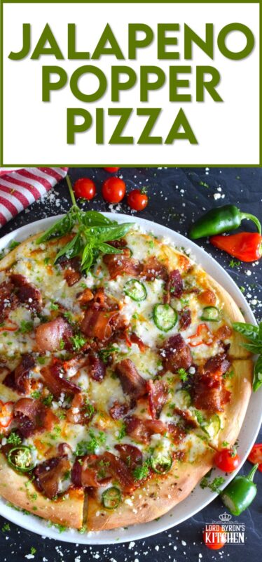 Shelf the tomato-based pizza sauce, because this Jalapeno Popper Pizza is not only prepared with an easy, homemade pizza dough, it's also made with a cream cheese spread. Loaded with lots of bacon, jalapenos, and mozzarella, this pizza is made to impress. Super flavourful with just the right amount of spice and heat, one slice is just a tease! #pizza #jalapeno #jalapenopopper #popper #homemade