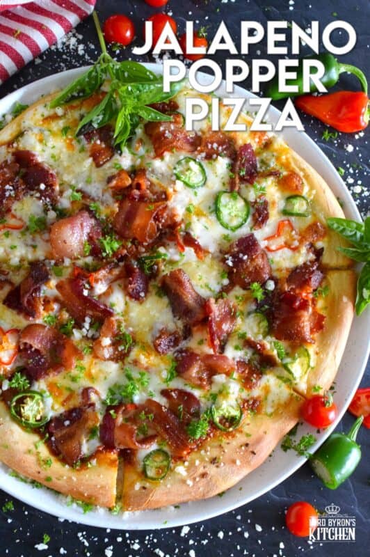 Shelf the tomato-based pizza sauce, because this Jalapeno Popper Pizza is not only prepared with an easy, homemade pizza dough, it's also made with a cream cheese spread. Loaded with lots of bacon, jalapenos, and mozzarella, this pizza is made to impress. Super flavourful with just the right amount of spice and heat, one slice is just a tease! #pizza #jalapeno #jalapenopopper #popper #homemade