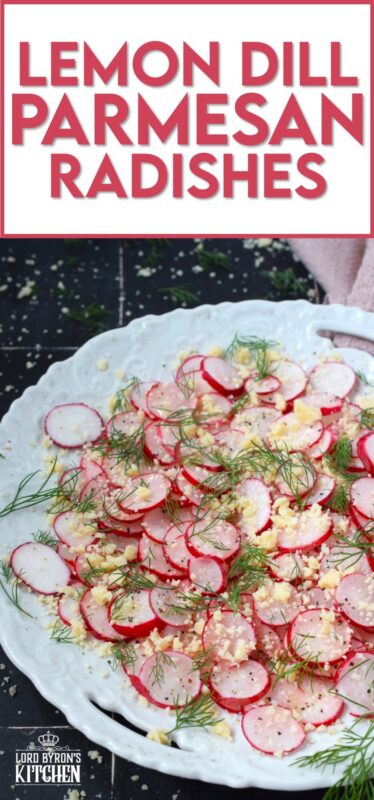 Combine the peppery crunch of freshly sliced radishes with the acidity of a lemon, the nutty saltiness of parmesan, and the bright, freshness of dill to make a light and refreshing side, salad, or snack! #radishes #radish #salad #peppery #parmesan #fresh #snack