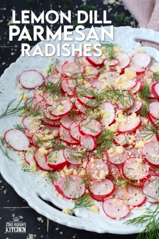 Combine the peppery crunch of freshly sliced radishes with the acidity of a lemon, the nutty saltiness of parmesan, and the bright, freshness of dill to make a light and refreshing side, salad, or snack! #radishes #radish #salad #peppery #parmesan #fresh #snack